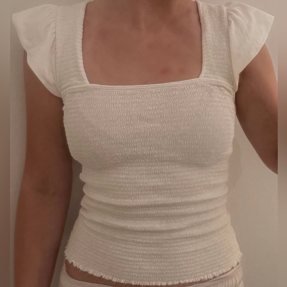 Nation LTD White Smocked Flutter Sleeve Alicia Tee
